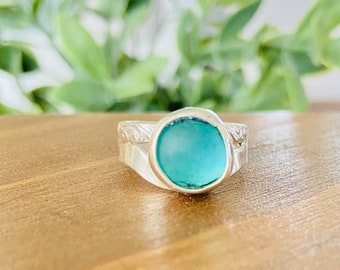 Real seaglass ring, size 6 1/2 seaglass ring, turquoise seaglass ring, beach glass ring, sterling silver, genuine seaglass ring
