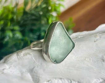 seaglass ring size 6, aquamarine seaglass ring, beach glass ring, sterling silver, handmade ring, Russian seaglass