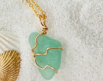 Seaglass necklace, gold wired seafoam seaglass necklace, seaglass necklace, sea glass jewelry, seafoam seaglass necklace, Puerto Rico glass