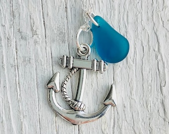 Anchor necklace, anchor and frosted glass jewelry, Blue glass necklace, frosted glass jewelry, nautical necklace