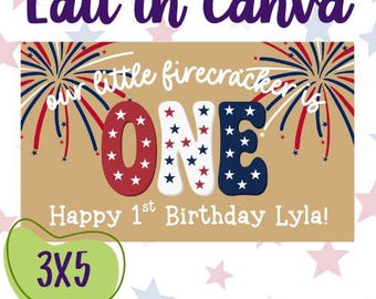 Our Little Firecracker is 1, 2 or 3 Editable Canva Banner Template | 36x60 DIY Painted Sign | Digital Download