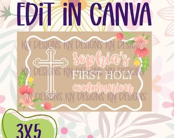 Floral First Communion Editable Canva Banner Template | 36x60 DIY Painted Sign | Digital Download