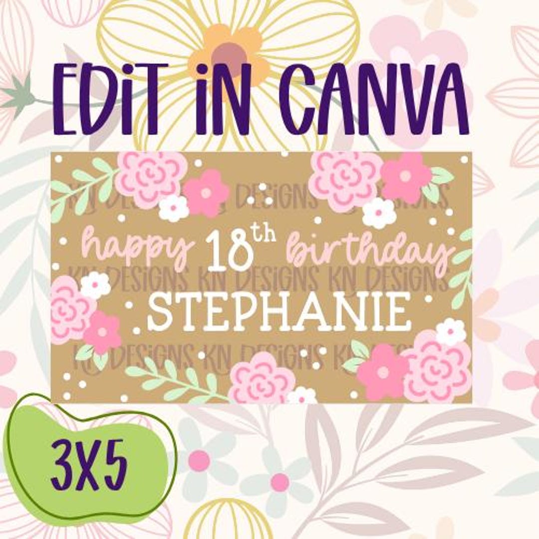 Pink Floral Birthday Banner Template | Editable in Canva (3x5) (digital ...