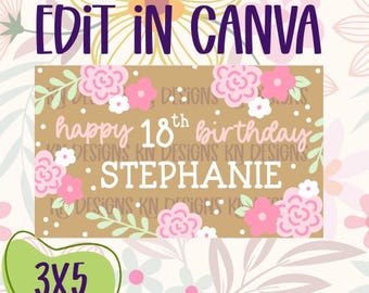 Pink Floral Birthday Banner Template | Editable in Canva (3x5) (Digital Download)