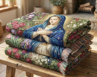 Manta de la Virgen María, 100 % algodón, diseño floral de la Virgen María, regalo de cumpleaños para mamá religiosa, decoración de la Santísima Madre, regalos católicos para mujeres