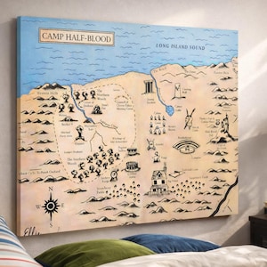 Lienzo del Campamento Mestizo, arte mural inspirado en Percy Jackson, mapa de Long Island Sound, regalo literario para lectores adolescentes, regalo para fanáticos de Percy Jackson, Olímpicos