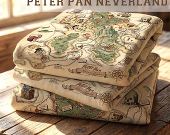 Personlig filt med karta över Neverland - Anpassat namn och sagobok för barnrum - Peter Pan-tema babyshowerpresent - Mysig filt för småbarn