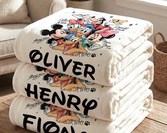 Couverture personnalisée Mickey et ses amis, jeté de croquis de Mickey Mouse vintage, jeté de nom personnalisé Disney, cadeau de literie personnages de dessins animés rétro