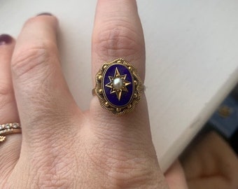 Victorian Blue Enamel Northstar Ring with Pearl