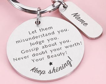 Déjalos regalar, sigue brillando llavero, regalo inspirador de autoestima, llavero inspirador de diseño de amor propio, regalo de llavero de salud mental