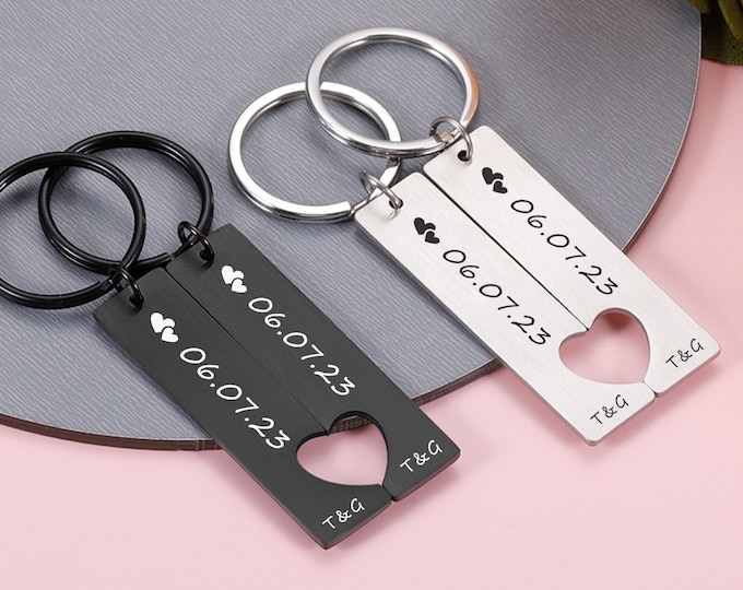 Personalized Couple Keychain, Customized Keychain, Custom Key chain, Date and Initial Engraved key chain Gift, Wedding Day Anniversary Gift