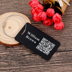 Custom Metal Luggage Tag - Customized Engraved Info & QR Code - Personalized Gift - Adventure Awaits - Custom Engraved Aluminum Luggage Tag