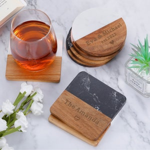 Custom Engraved Marble & Wood Coasters | Personalized Gifts Coaster | New Home Gift | Housewarming Gifts Wedding Gifts Bridal Shower Gifts