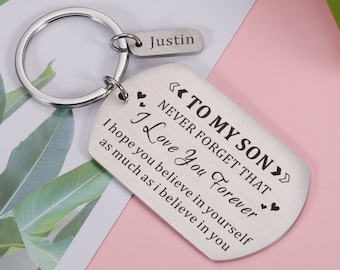 Personalized Keychain To My Son, Inspirational Gifts from Mom Dad, Keychain for Son, Never Forget That I Love You, Birthday Gift for Him son