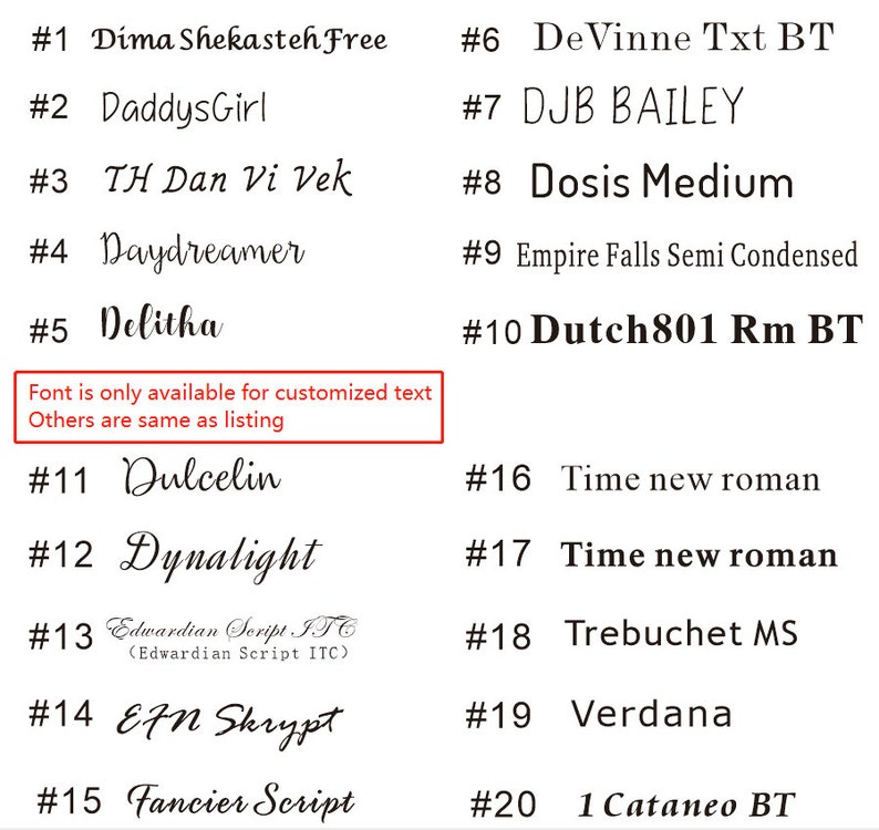 Op de afbeelding: Een lijst van 20 verschillende lettertypen, genummerd van 1 tot en met 20, met de lettertype naam naast elk nummer. De lettertype namen omvatten: Dima Shekasteh Free, DaddysGirl, TH Dan Vi Vek, Daydreamer, Delitha, DeVinne Txt BT, DJB BAILEY, Dosis Medium, Empire Falls Semi Condensed, Dutch801 Rm BT, Dulcelin, Dynalight, Edwardian Script ITC, EFN Skrypt, Fancier Script, Time new roman, Trebuchet MS, Verdana en 1 Cataneo BT.