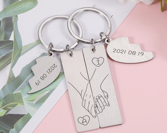 Custom 2Pcs Couple Keychains,Engrave Initial Letters and Date,Gift for Boyfriend Girlfriend, Valentine Wedding Anniversary Gifts