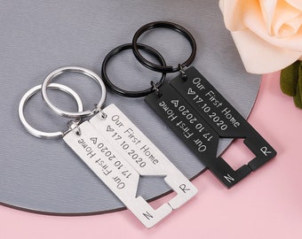 Llavero de rompecabezas personalizado de 2 piezas, llavero de pareja inicial y con fecha personalizada, nuestro primer regalo de pareja a juego en casa, regalo de aniversario para novio