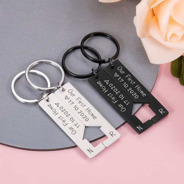 2 Pcs Personalized Puzzle Key chain,Custom date&initial Couple keyring,Our first home Matching Couple Gift,Anniversary gift For boyfriend