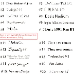May include: A list of 20 different fonts, numbered 1 through 20, with the font name listed next to each number. The font names include: Dima Shekasteh Free, DaddysGirl, TH Dan Vi Vek, Daydreamer, Delitha, DeVinne Txt BT, DJB BAILEY, Dosis Medium, Empire Falls Semi Condensed, Dutch801 Rm BT, Dulcelin, Dynalight, Edwardian Script ITC, EFN Skrypt, Fancier Script, Time new roman, Trebuchet MS, Verdana, 1 Cataneo BT.