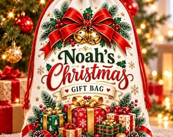 Personalized Name Christmas Fabric Gift bags,Custom Christmas Party Bag,Large Christmas Eve Present Bag,Xmas Sack for Kid,Holiday Decor