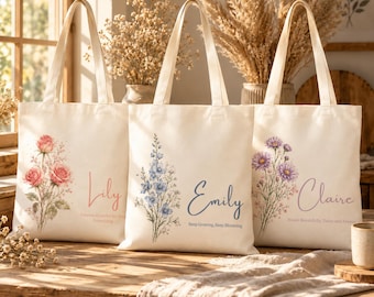 Personalized Birth Flower Tote Bag, Custom Name Canvas Bag, Bridesmaid Bride Gift Bags, Party Favors Birthday Gift for Her, Mom, Best Friend