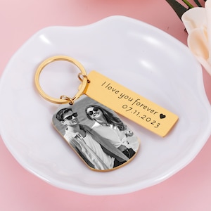 Personalized Photo Keychain, Engraved Picture Keychain, 1st Anniversary Boyfriend Gift, Girlfriend Gift Idea, 10 Years Valentine's Day Gift Gold