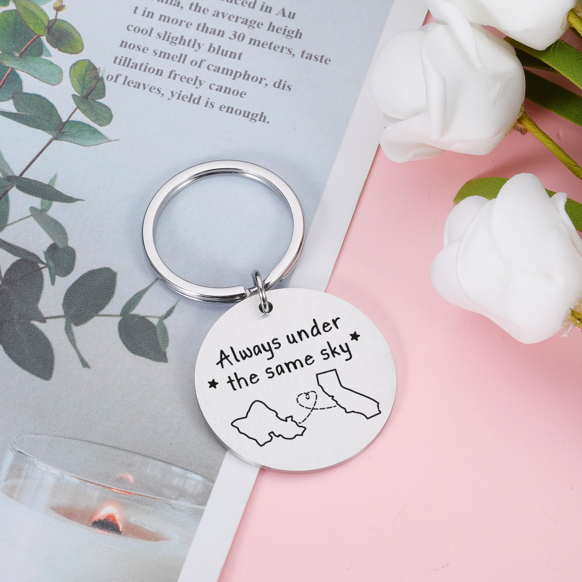 Portachiavi Personalizzato Con Mappa USA | Gioiello In Acciaio Inox 'I'm Always With You' | Regalo A Distanza