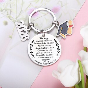 May include: A silver-toned metal keychain featuring a round pendant engraved with Spanish text and floral accents, a graduation cap charm, and a separate charm displaying the year 2026. The text includes phrases like Yo soy Capaz, Nunca Sola, and Fuerte.