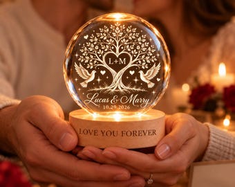 Love Tree Personalized Crystal Ball Night Light,Custom Name Wedding Anniversary Keepsake,Engraved LED Lamp for Couple,Christmas Gifts