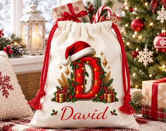 Personalized Christmas Gift bags With Name Initial,Custom Christmas Party Bag,Large Christmas Eve Present Bag, Holiday Gift Bags for Kids