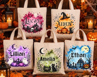 Personalized Halloween Tote Bag,Custom Trick or Treat Canvas Bag for Kids,Halloween Candy Bag Tote with Name,Halloween Gift for Boys Girls