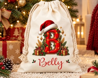 Personalized Christmas Gift bags With Name Initial,Custom Christmas Party Bag,Large Christmas Eve Present Bag, Holiday Gift Bags for Kids