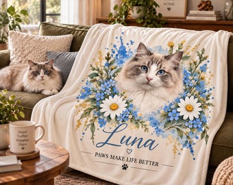 Personalized Flowers Pet Memorial Flannel Blanket,Custom Pet Photo Blanket,Dog Cat Rabbit Loss Gift,Floral Keepsake for Animal Owners