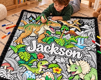 Personalized Forest Dinosaur Coloring Blanket,Custom Doodle Blanket,Washable Reusable Flannel Throw, Family Craft Activity,DIY Gift for Kids