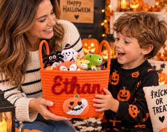 Personalized Halloween Basket, Custom Name Trick or Treat Candy Bucket for Kids, Cotton Rope Basket, Boo Basket Gift, Halloween Keepsake