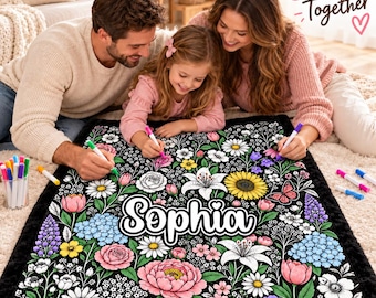 Personalized Flower Coloring Blanket,Custom Name Doodle Blanket,Washable Reusable Flannel Throw, Family Craft Activity,DIY Gift for Kids