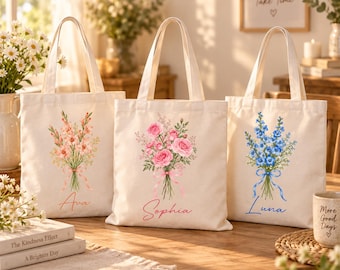 Personalized Birth Flower Tote Bag,Custom Name Canvas Bag,Bridesmaid Bride Gift Bags,Floral Birthday Christmas Gift for Her,Mom,Best Friend