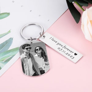 Personalized Photo Keychain, Engraved Picture Keychain, 1st Anniversary Boyfriend Gift, Girlfriend Gift Idea, 10 Years Valentine's Day Gift Silver