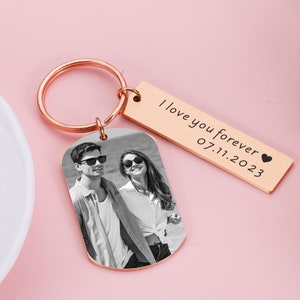 Personalized Photo Keychain, Engraved Picture Keychain, 1st Anniversary Boyfriend Gift, Girlfriend Gift Idea, 10 Years Valentine's Day Gift Rose gold