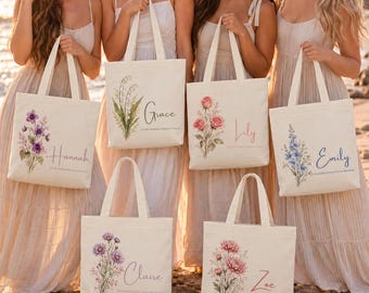 Personalized Birth Flower Canvas Tote Bag,Custom Party Favors Birthday gift for her,Bachelorette Bridesmaid Bride Gift,Wedding Gifts