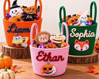 Personalized Halloween Basket, Custom Name Trick or Treat Candy Bucket for Kids, Cotton Rope Basket, Boo Basket Gift, Halloween Keepsake