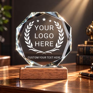 May include: A clear, octagonal glass award plaque featuring a white etched laurel wreath design with three stars above the text "YOUR LOGO HERE" and "CUSTOM YOUR TEXT HERE" at the bottom, mounted on a rectangular dark brown wooden base.
