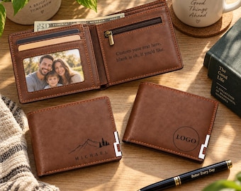 Personalized Engraved Leather Wallet for Teen Boy,Custom Name Bi-fold Wallet for Dad,Birthday Gift, Back to School,Graduation Christmas Gift