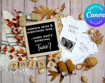 Fall Twin Baby Announcement, Twin Pregnancy Reveal, Twin Announcement Digital, Pumpkin Pregnancy Announcement, Social Media Pregnancy Reveal