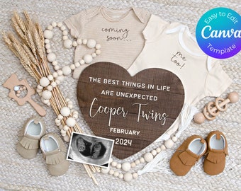 Twin Pregnancy Announcement, Twin Baby Reveal, Twin Pregnancy Announcement Digital, Neutral Twins Announcement, Social Media Twins Reveal