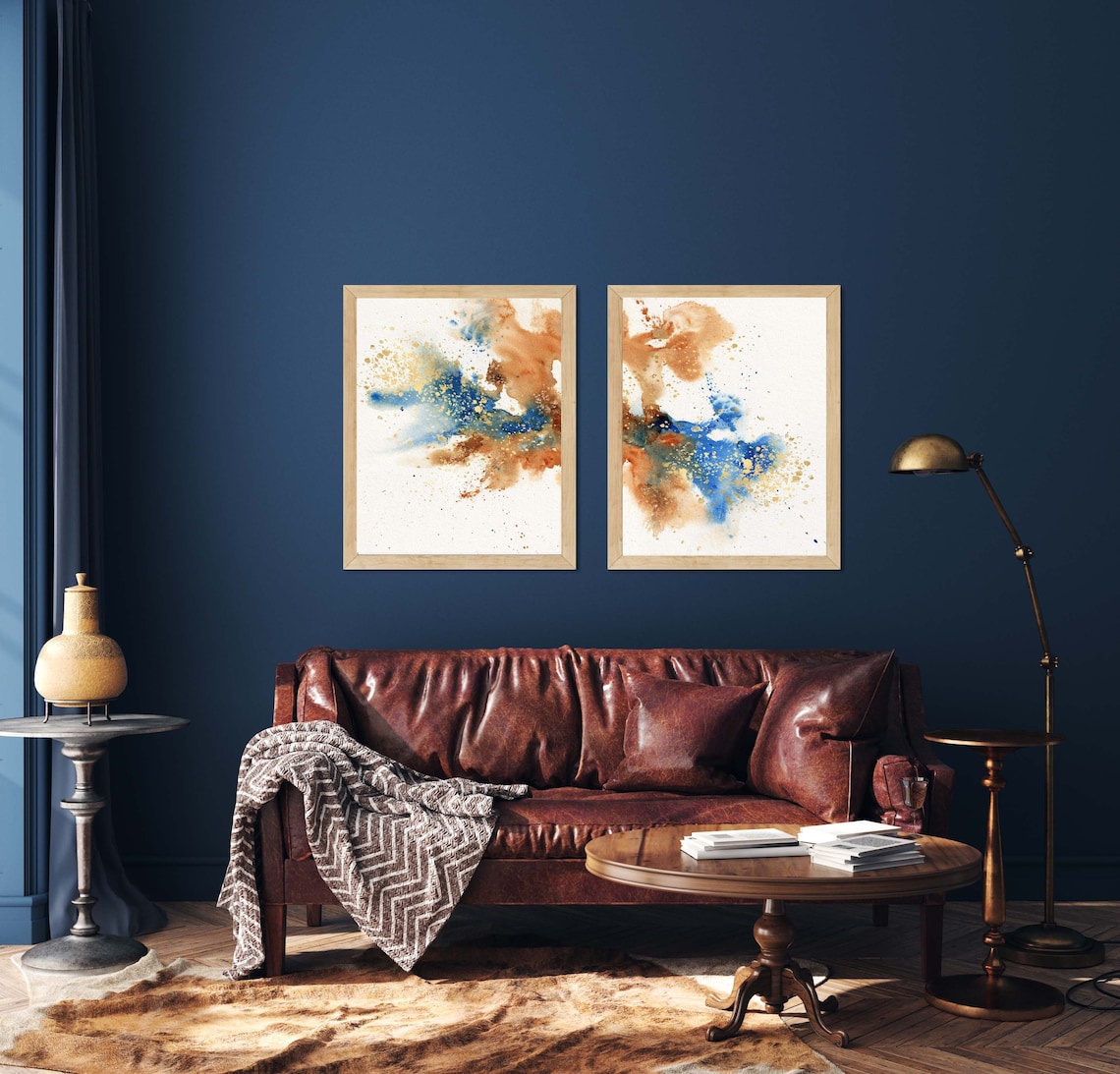 Blue Orange Abstract Art Navy Blue Wall Art Prints Orange Etsy