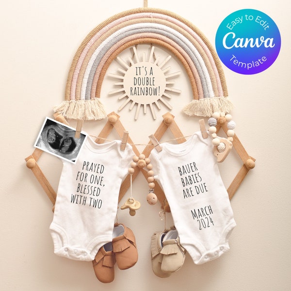 Twin Pregnancy Announcement, Rainbow Baby Twins, Boho Neutral Twin Announcement, Twin Announcement Digital, Rainbow Pregnancy Announcement