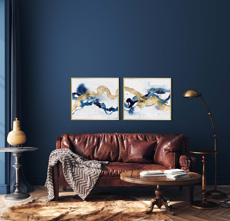 Set of Modern Abstract Prints Navy Blue Wall Art Prints Navy Etsy