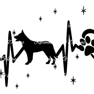 May include: Black silhouette of a German Shepherd dog with a paw print inside a heart and a heartbeat line. The design is surrounded by small stars.