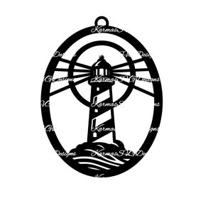 May include: Black metal lighthouse design with a striped tower, set within an oval frame. The lighthouse is on a rocky base, with radiating light beams. The design includes the text "Karmas G Designs".